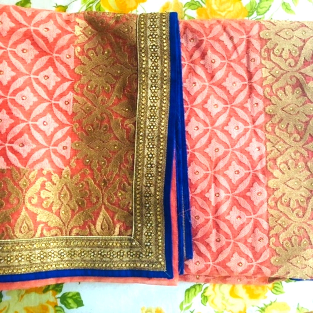 Peach joot saree with contrast blouse